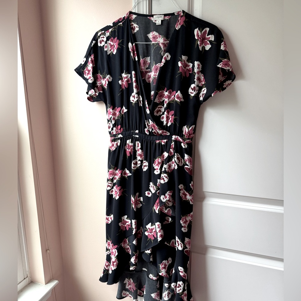 Navy Floral Wrap Dress with ruffle hem